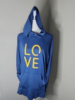 NWT Lularoe Amber Blue Hooded Tunic Pencil Design Love Large